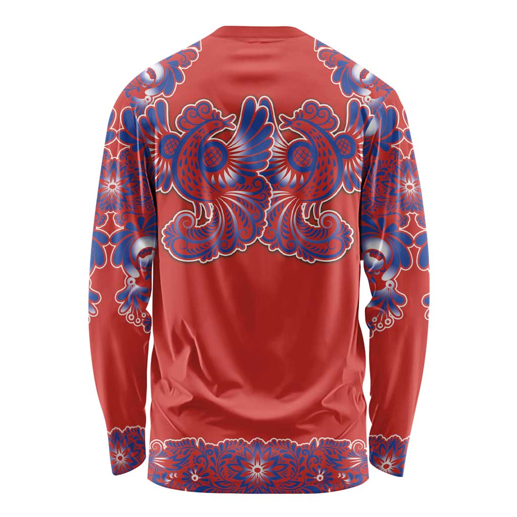 Red Russian National Costume Long Sleeve Shirt Rooster Motifs Traditional Folk Pattern - Wonder Print Shop