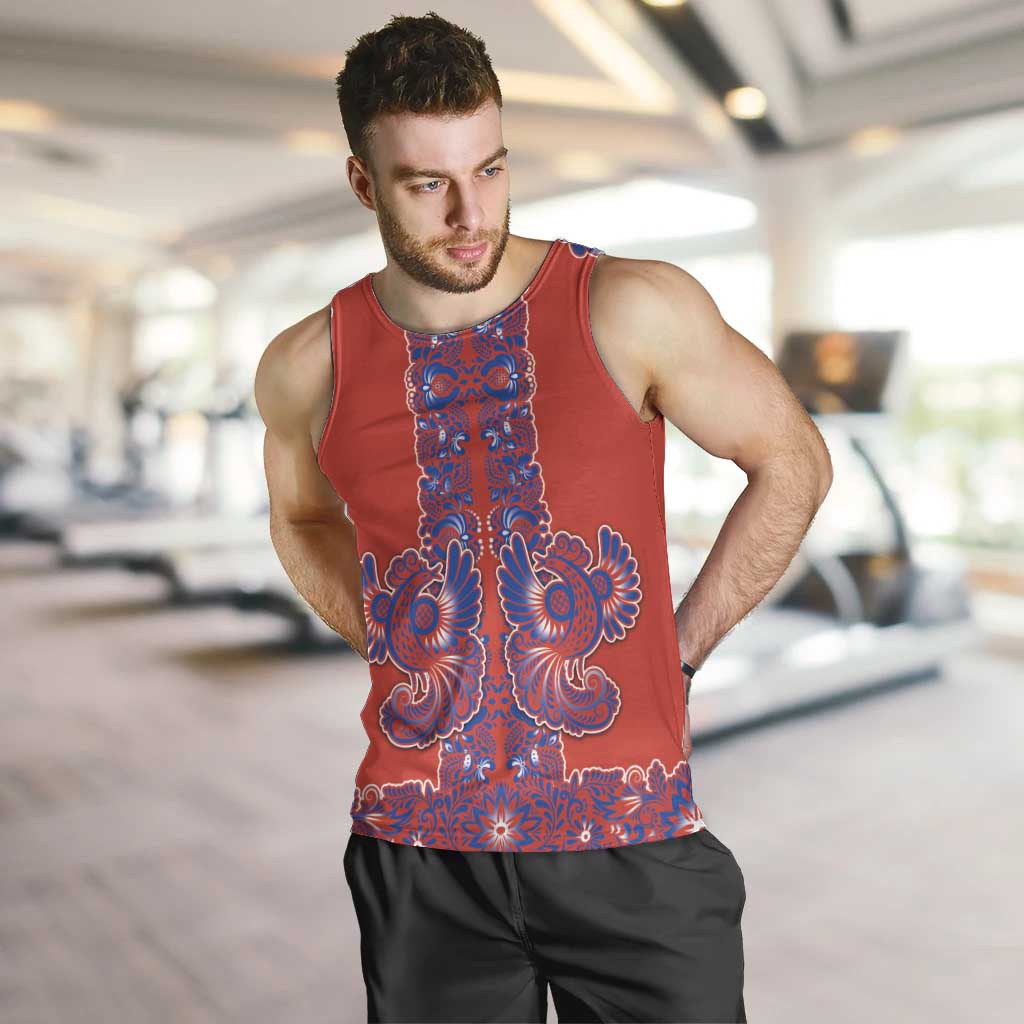 Red Russian National Costume Men Tank Top Rooster Motifs Traditional Folk Pattern - Wonder Print Shop