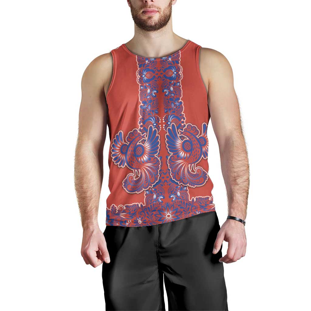Red Russian National Costume Men Tank Top Rooster Motifs Traditional Folk Pattern - Wonder Print Shop