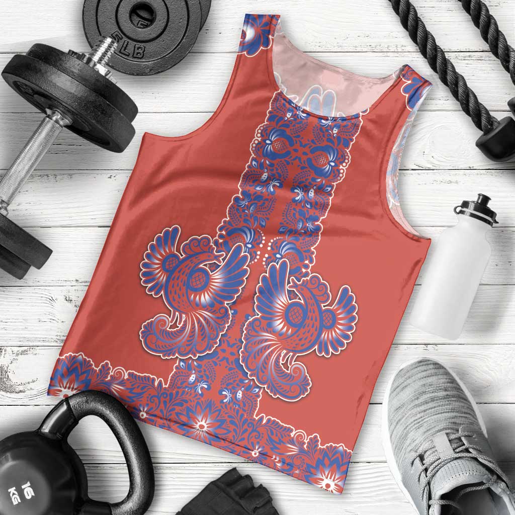 Red Russian National Costume Men Tank Top Rooster Motifs Traditional Folk Pattern - Wonder Print Shop