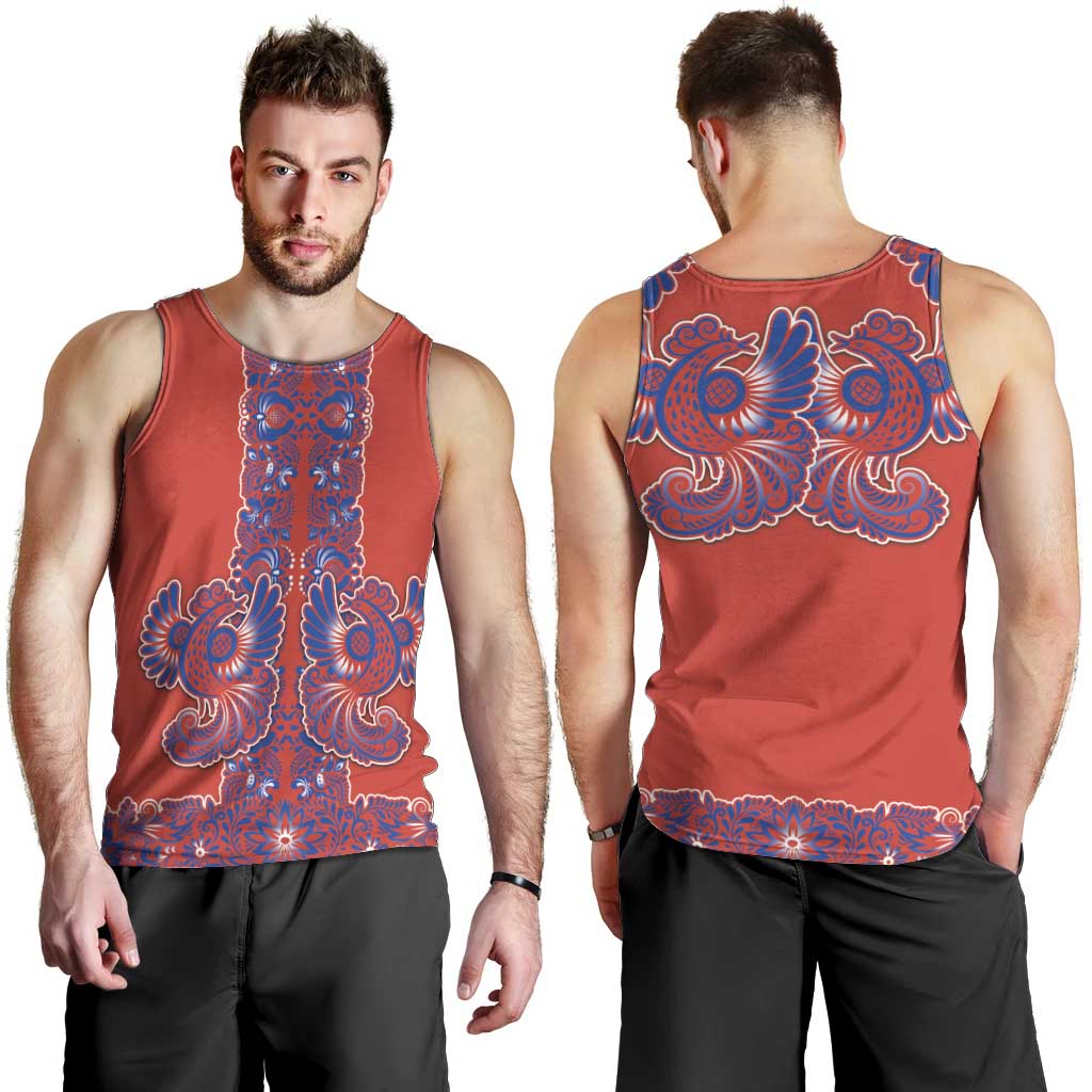 Red Russian National Costume Men Tank Top Rooster Motifs Traditional Folk Pattern - Wonder Print Shop
