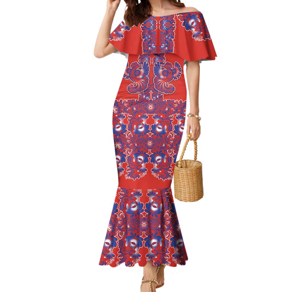 Red Russian National Costume Mermaid Dress Rooster Motifs Traditional Folk Pattern - Wonder Print Shop