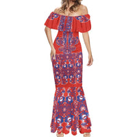 Red Russian National Costume Mermaid Dress Rooster Motifs Traditional Folk Pattern - Wonder Print Shop