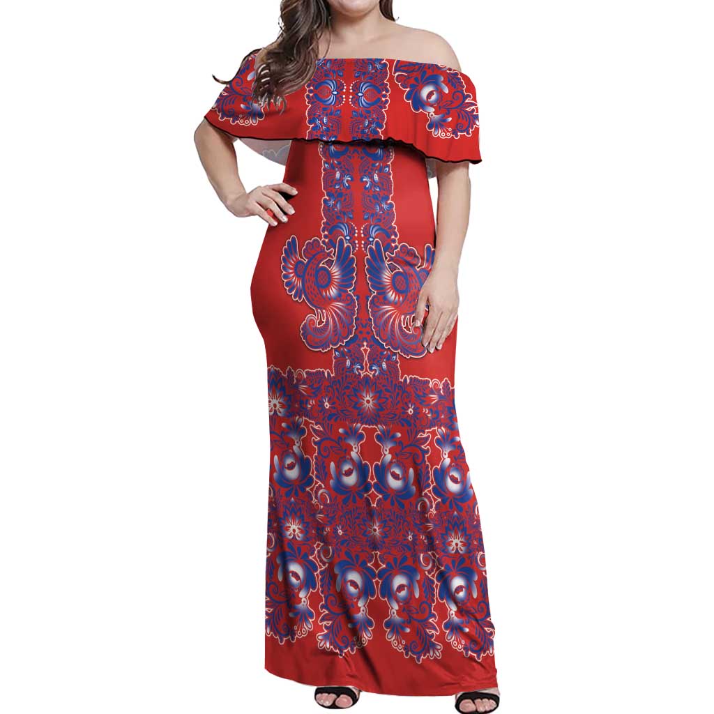 Red Russian National Costume Off Shoulder Maxi Dress Rooster Motifs Traditional Folk Pattern - Wonder Print Shop
