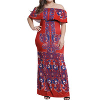 Red Russian National Costume Off Shoulder Maxi Dress Rooster Motifs Traditional Folk Pattern - Wonder Print Shop