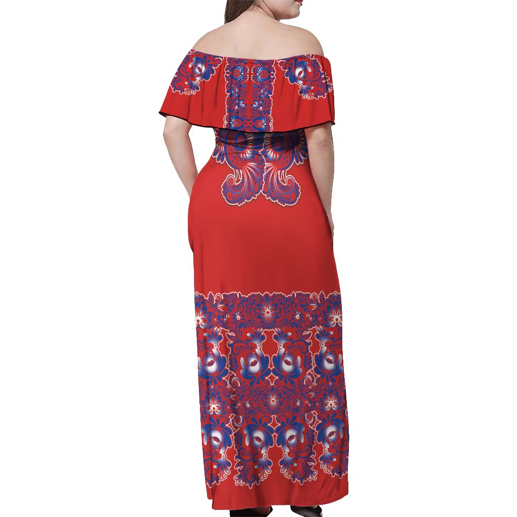 Red Russian National Costume Off Shoulder Maxi Dress Rooster Motifs Traditional Folk Pattern - Wonder Print Shop