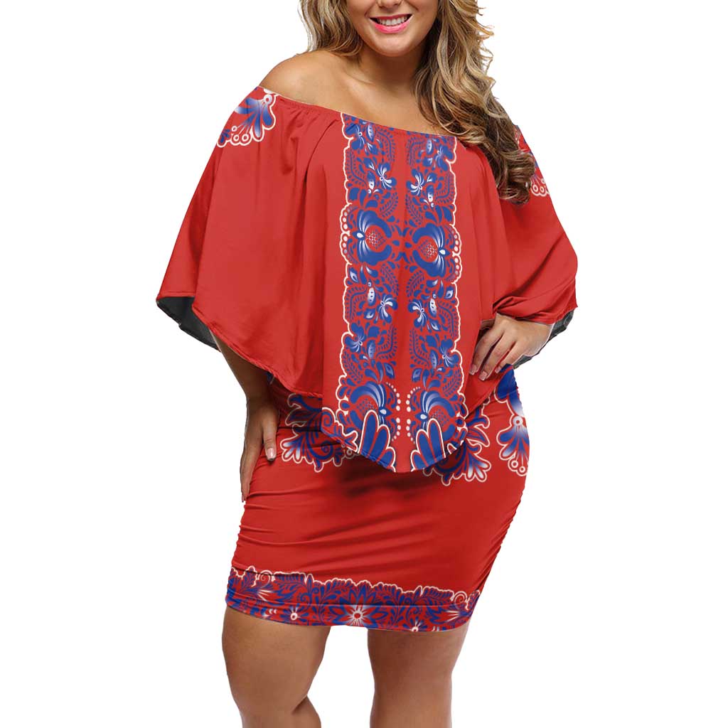 Red Russian National Costume Off Shoulder Short Dress Rooster Motifs Traditional Folk Pattern - Wonder Print Shop