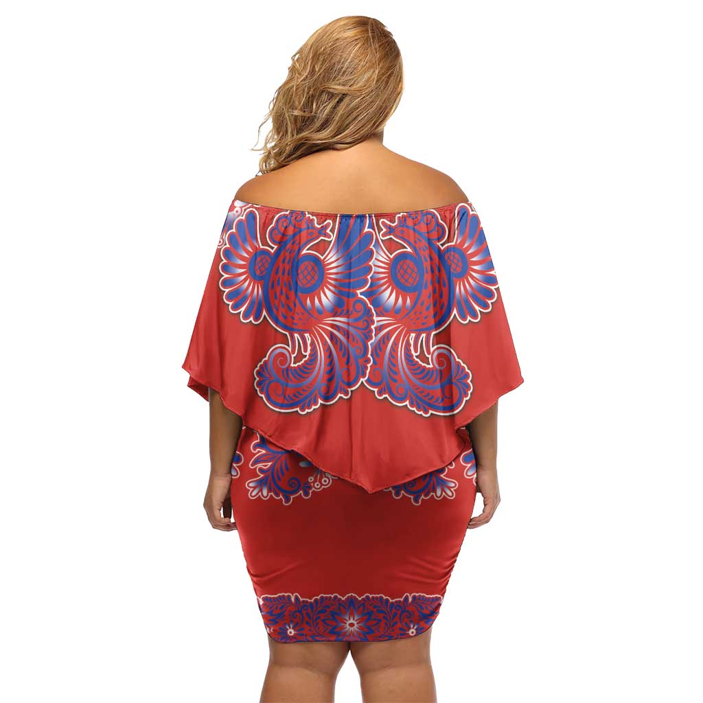 Red Russian National Costume Off Shoulder Short Dress Rooster Motifs Traditional Folk Pattern - Wonder Print Shop