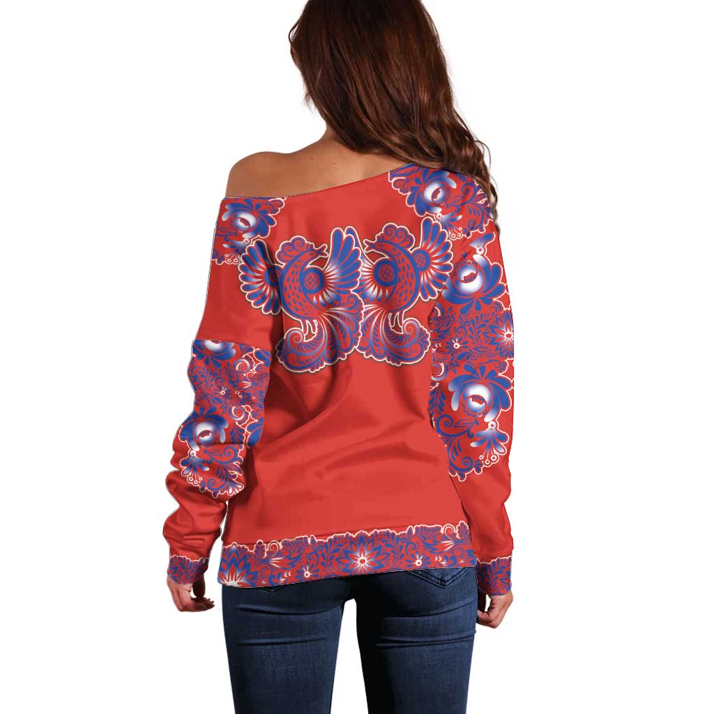 Red Russian National Costume Off Shoulder Sweater Rooster Motifs Traditional Folk Pattern - Wonder Print Shop