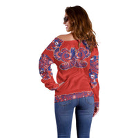 Red Russian National Costume Off Shoulder Sweater Rooster Motifs Traditional Folk Pattern - Wonder Print Shop
