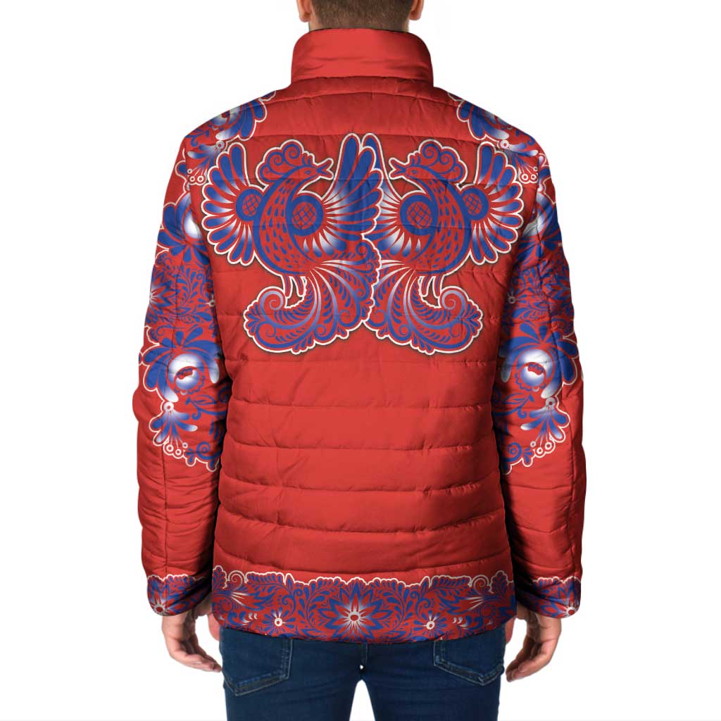 Red Russian National Costume Padded Jacket Rooster Motifs Traditional Folk Pattern - Wonder Print Shop