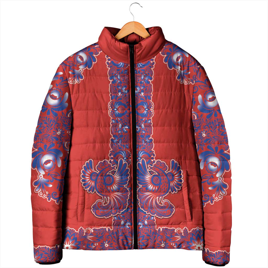 Red Russian National Costume Padded Jacket Rooster Motifs Traditional Folk Pattern - Wonder Print Shop