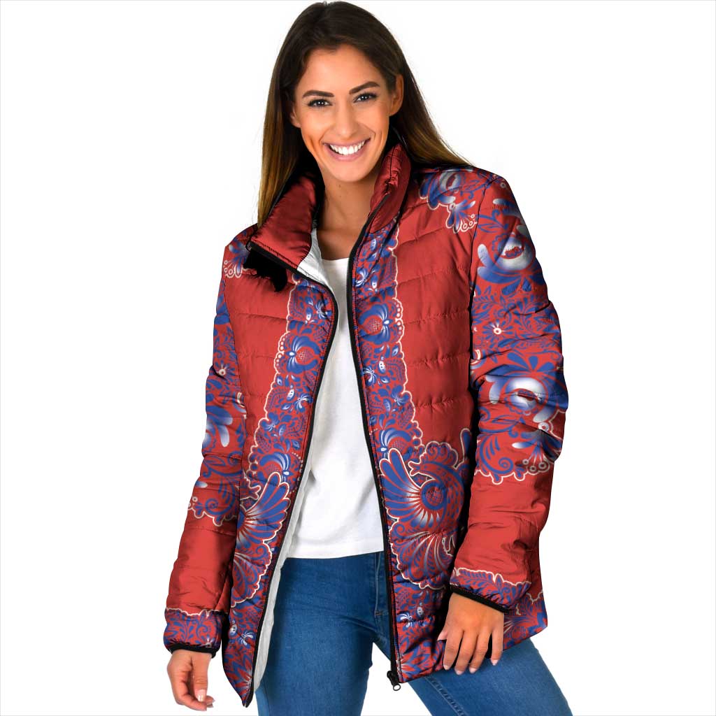 Red Russian National Costume Padded Jacket Rooster Motifs Traditional Folk Pattern - Wonder Print Shop