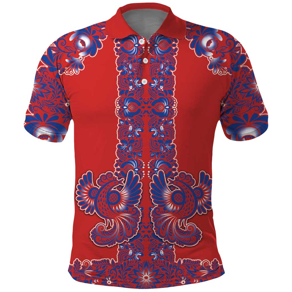 Red Russian National Costume Polo Shirt Rooster Motifs Traditional Folk Pattern - Wonder Print Shop