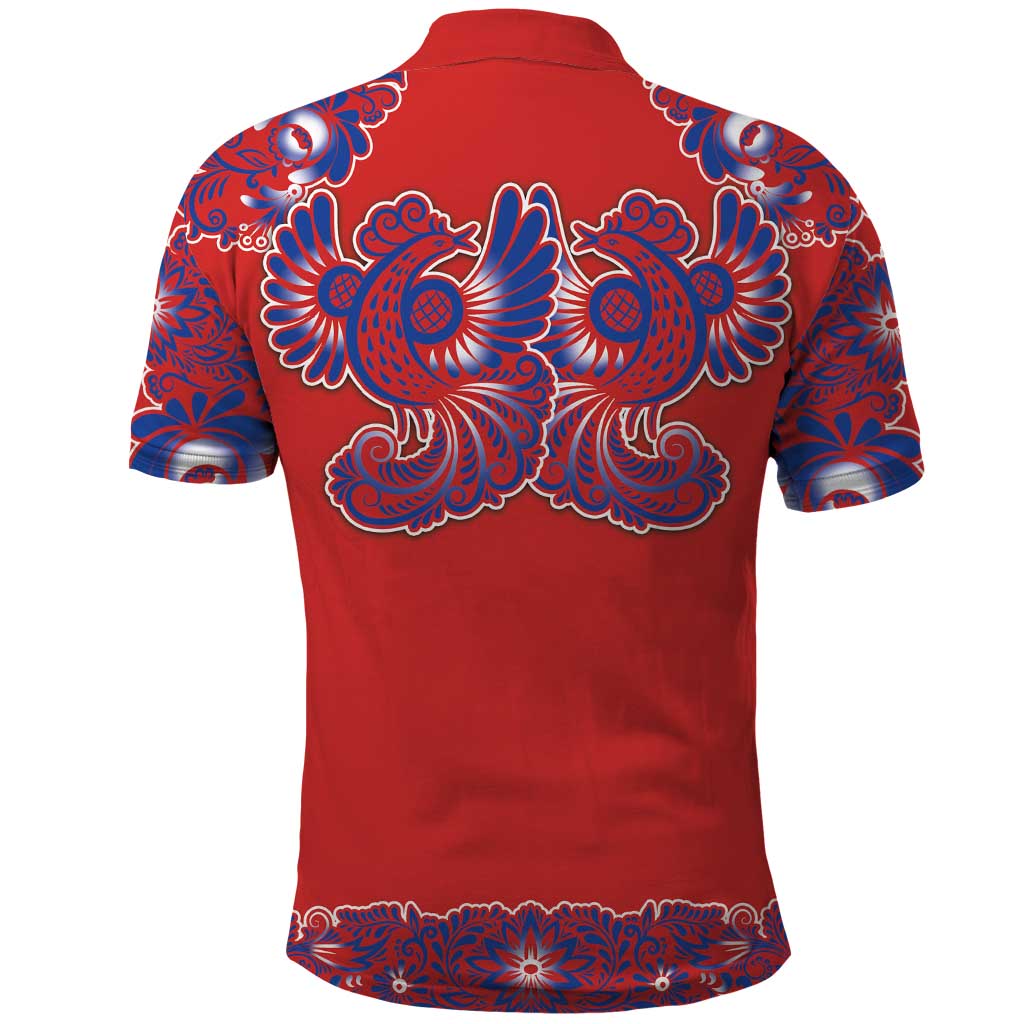 Red Russian National Costume Polo Shirt Rooster Motifs Traditional Folk Pattern - Wonder Print Shop