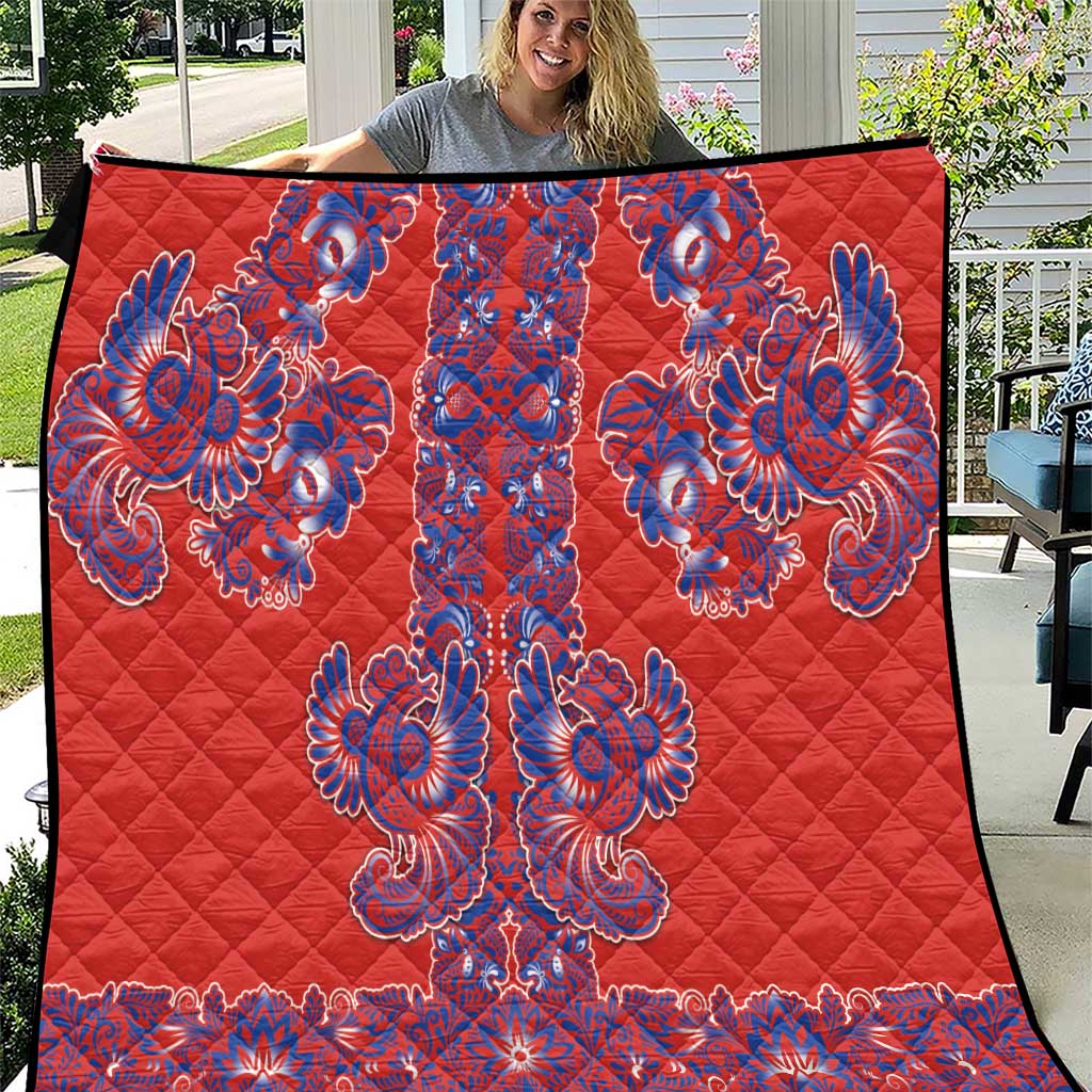 Red Russian National Costume Quilt Rooster Motifs Traditional Folk Pattern - Wonder Print Shop
