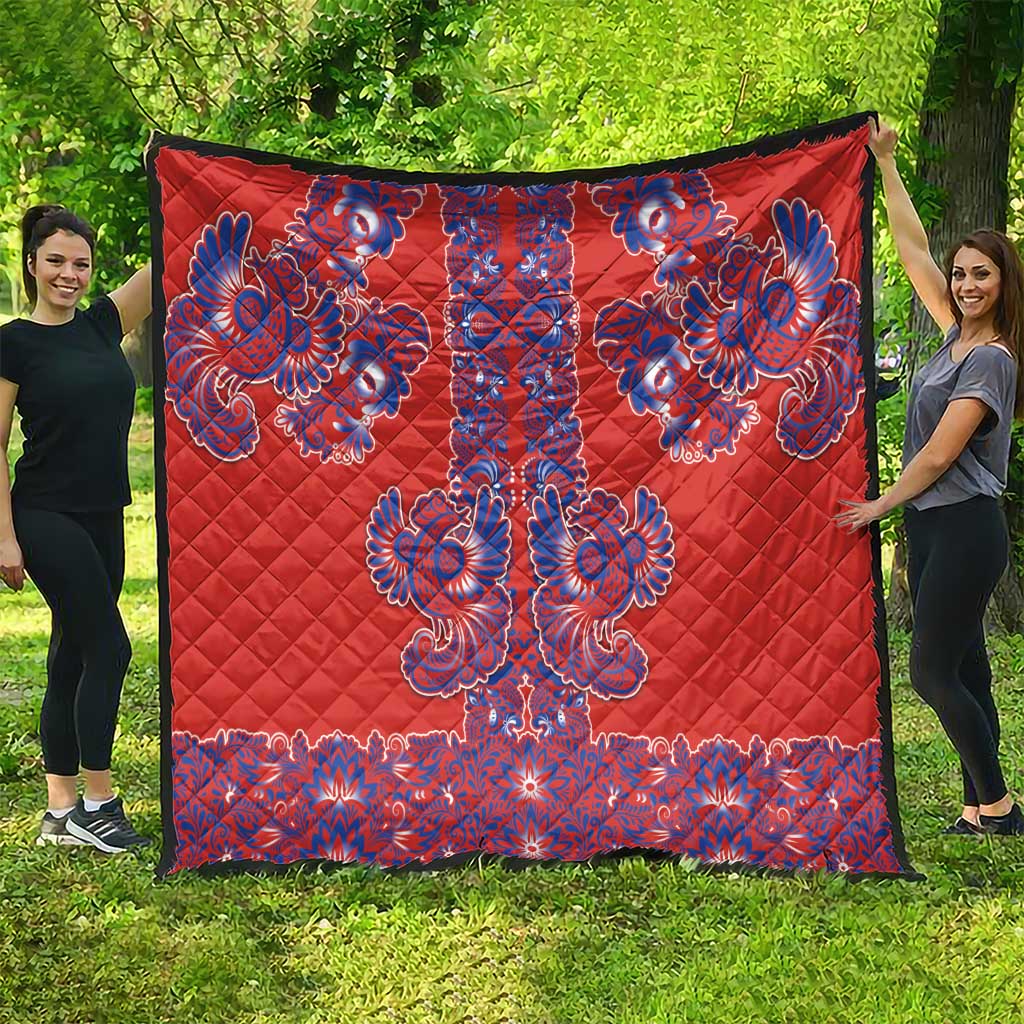Red Russian National Costume Quilt Rooster Motifs Traditional Folk Pattern - Wonder Print Shop