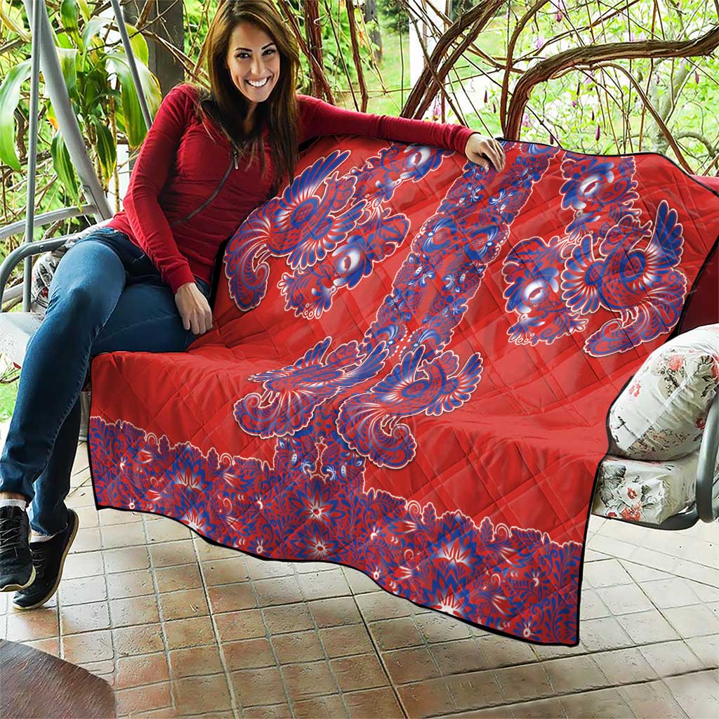 Red Russian National Costume Quilt Rooster Motifs Traditional Folk Pattern - Wonder Print Shop
