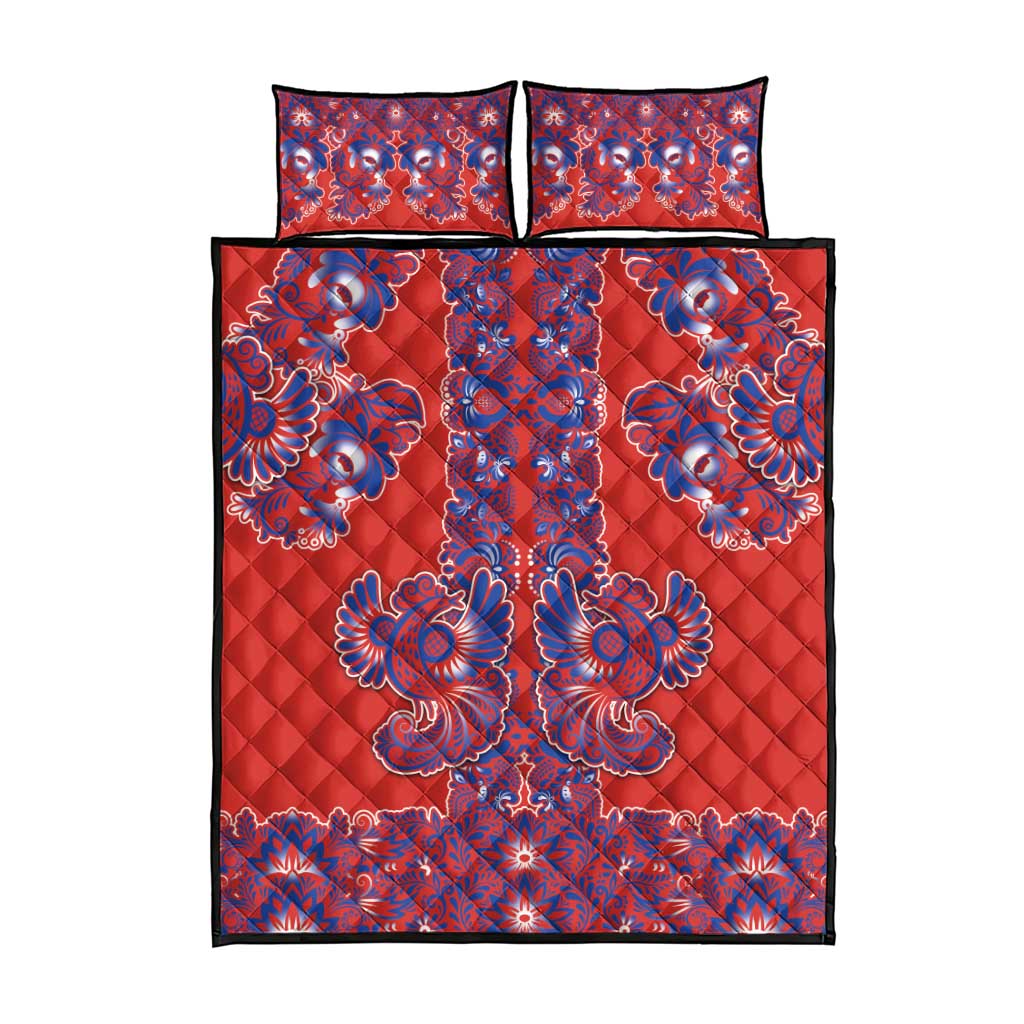 Red Russian National Costume Quilt Bed Set Rooster Motifs Traditional Folk Pattern - Wonder Print Shop