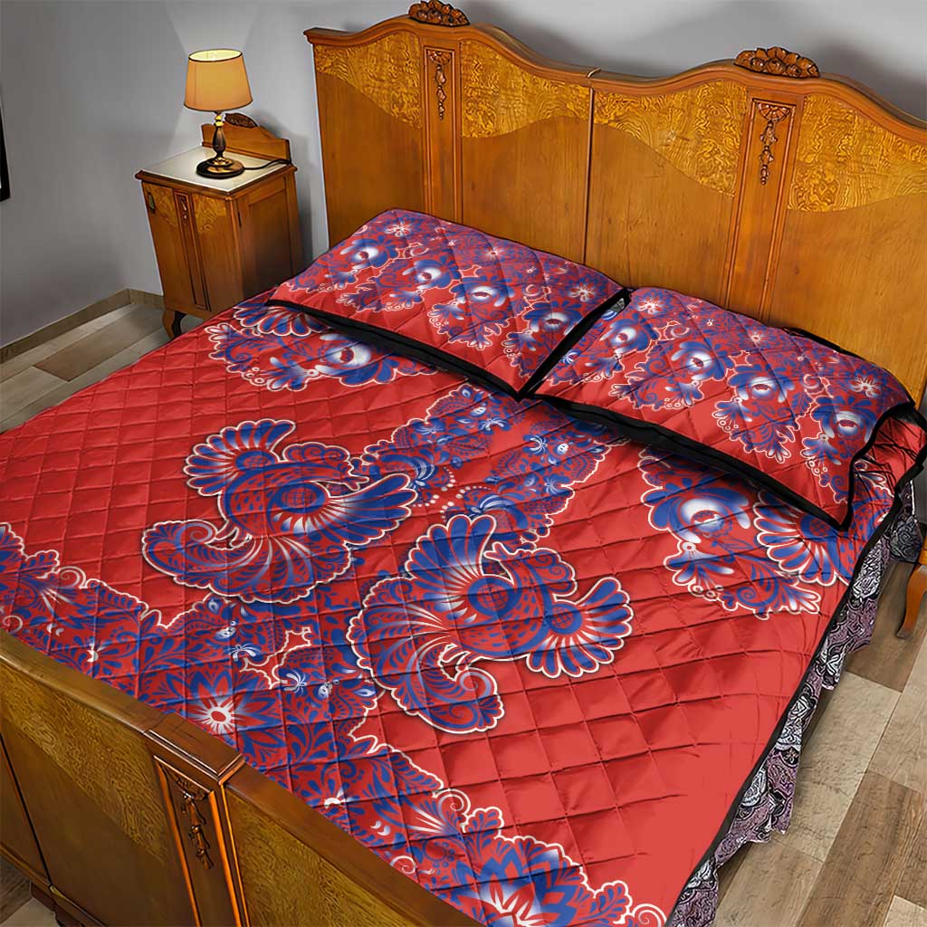 Red Russian National Costume Quilt Bed Set Rooster Motifs Traditional Folk Pattern - Wonder Print Shop