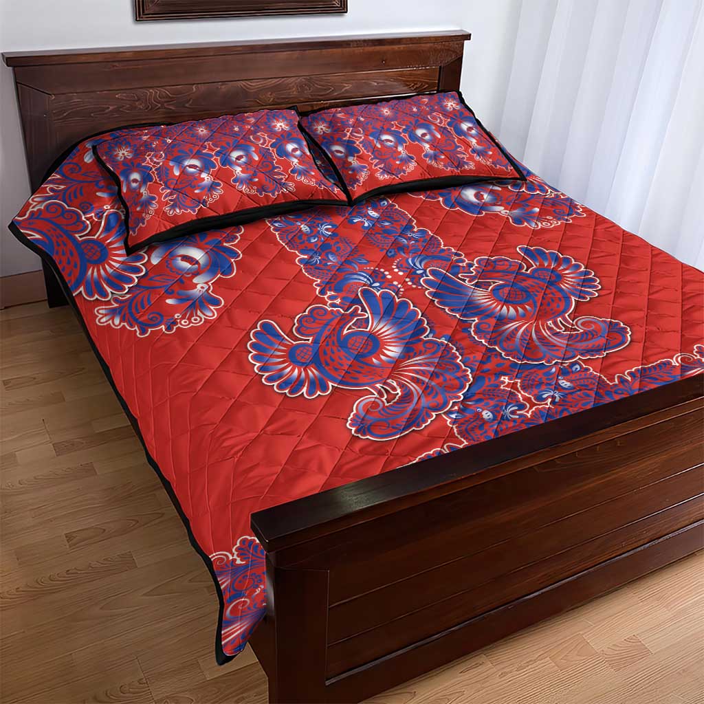 Red Russian National Costume Quilt Bed Set Rooster Motifs Traditional Folk Pattern - Wonder Print Shop