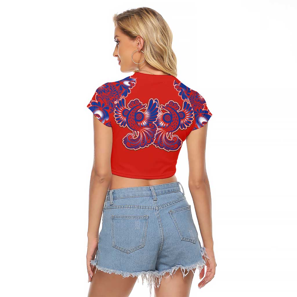 Red Russian National Costume Raglan Cropped T Shirt Rooster Motifs Traditional Folk Pattern - Wonder Print Shop