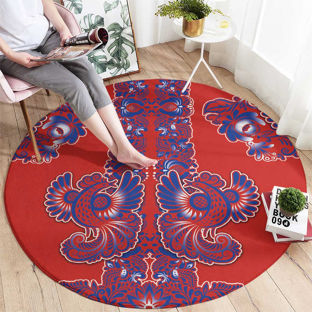 Red Russian National Costume Round Carpet Rooster Motifs Traditional Folk Pattern - Wonder Print Shop