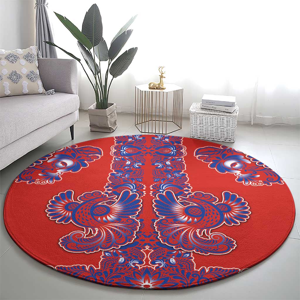 Red Russian National Costume Round Carpet Rooster Motifs Traditional Folk Pattern - Wonder Print Shop