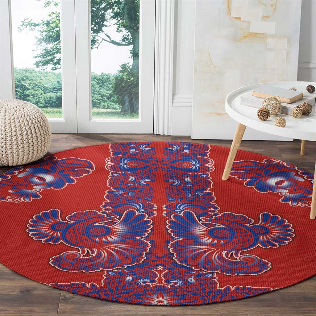 Red Russian National Costume Round Carpet Rooster Motifs Traditional Folk Pattern - Wonder Print Shop