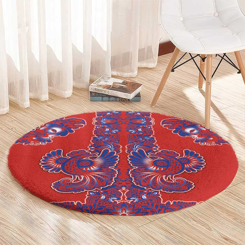 Red Russian National Costume Round Carpet Rooster Motifs Traditional Folk Pattern - Wonder Print Shop