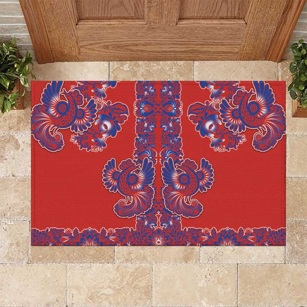 Red Russian National Costume Rubber Doormat Rooster Motifs Traditional Folk Pattern - Wonder Print Shop