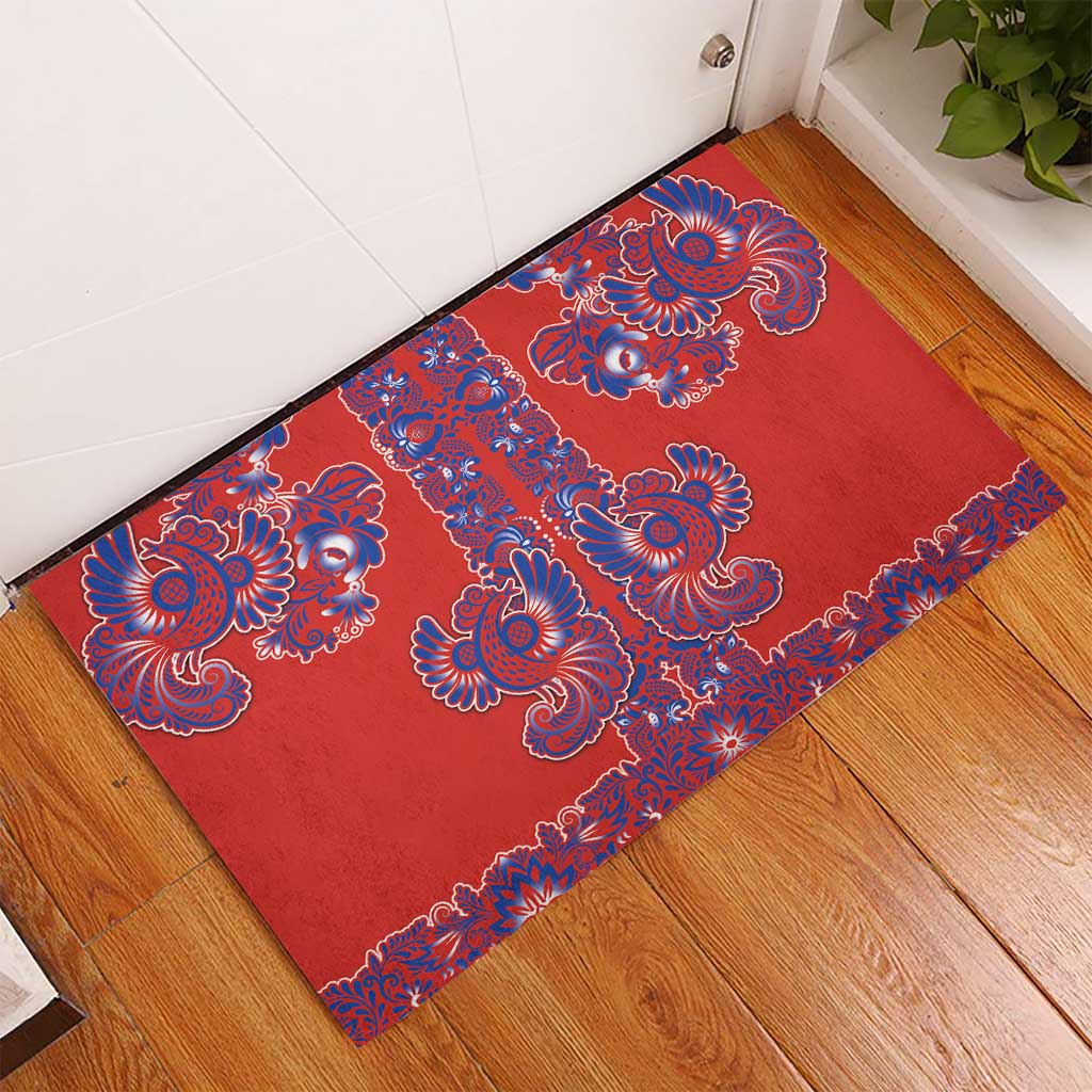 Red Russian National Costume Rubber Doormat Rooster Motifs Traditional Folk Pattern - Wonder Print Shop