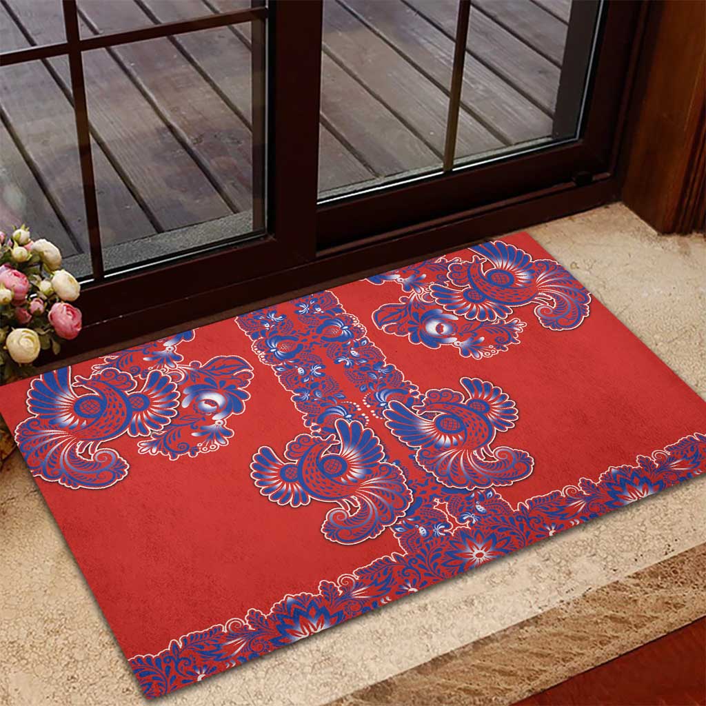 Red Russian National Costume Rubber Doormat Rooster Motifs Traditional Folk Pattern - Wonder Print Shop
