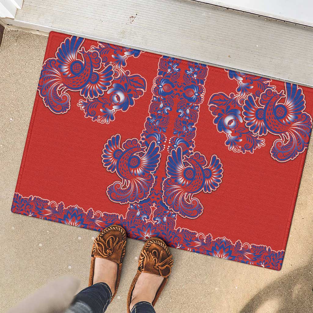Red Russian National Costume Rubber Doormat Rooster Motifs Traditional Folk Pattern - Wonder Print Shop
