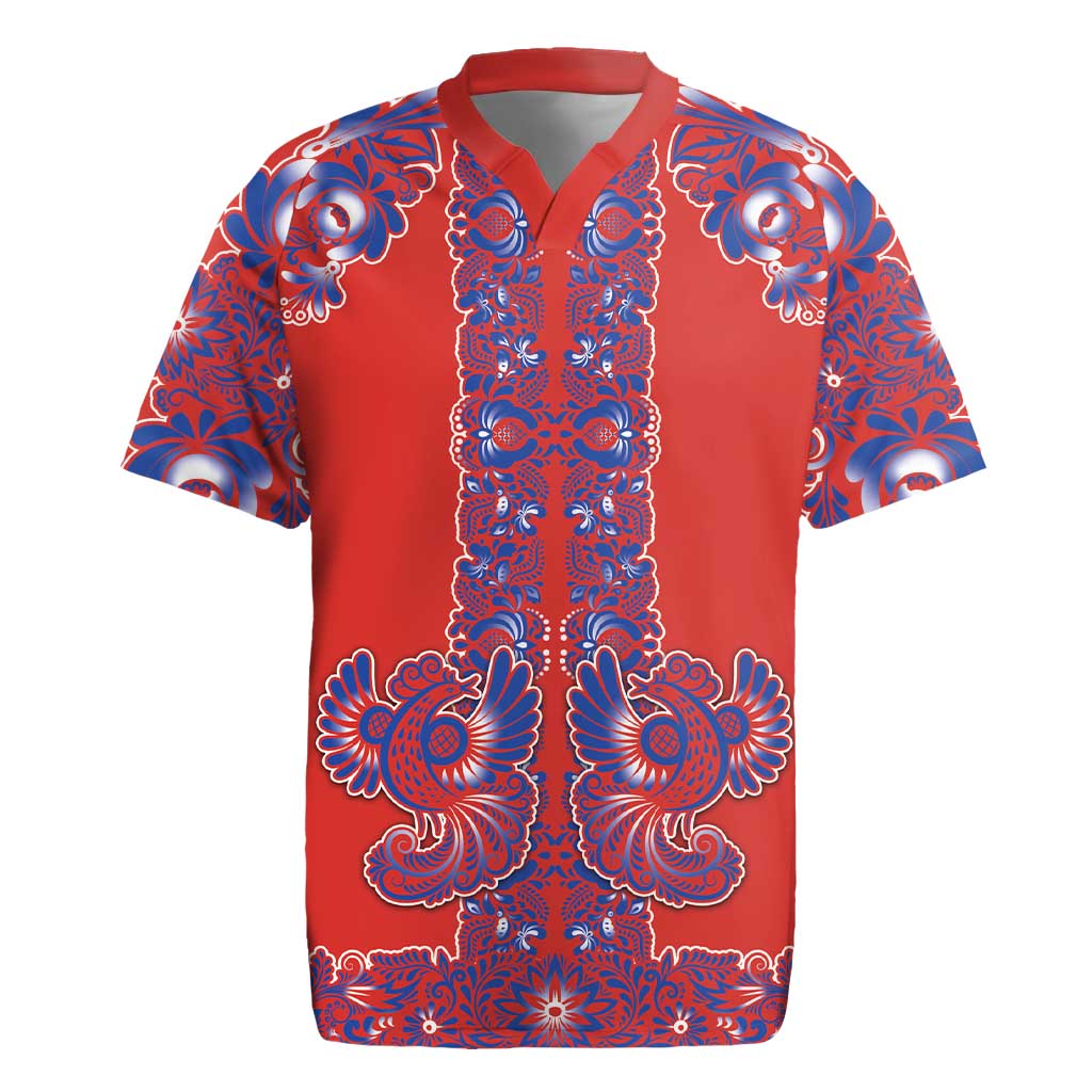 Red Russian National Costume Rugby Jersey Rooster Motifs Traditional Folk Pattern - Wonder Print Shop