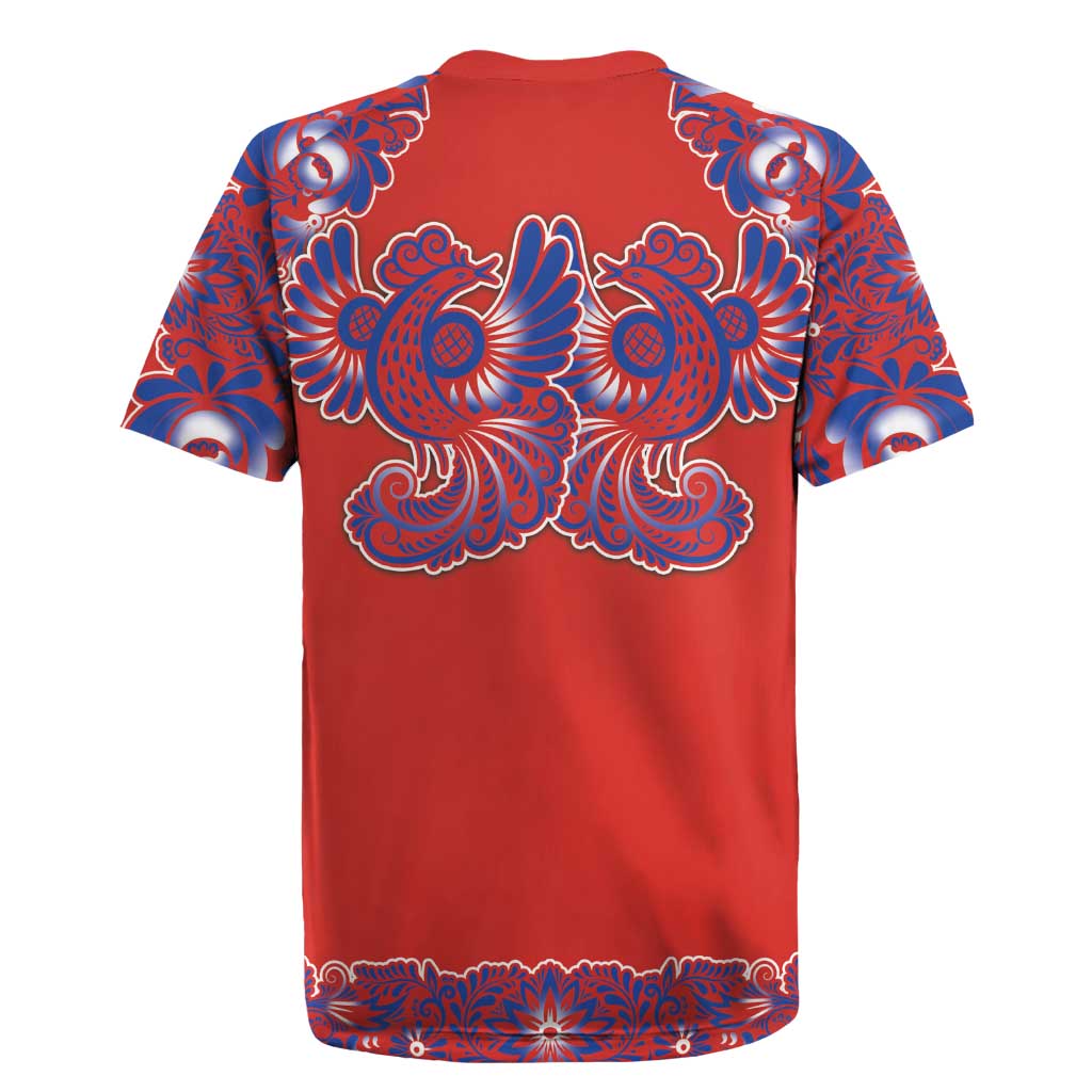 Red Russian National Costume Rugby Jersey Rooster Motifs Traditional Folk Pattern - Wonder Print Shop
