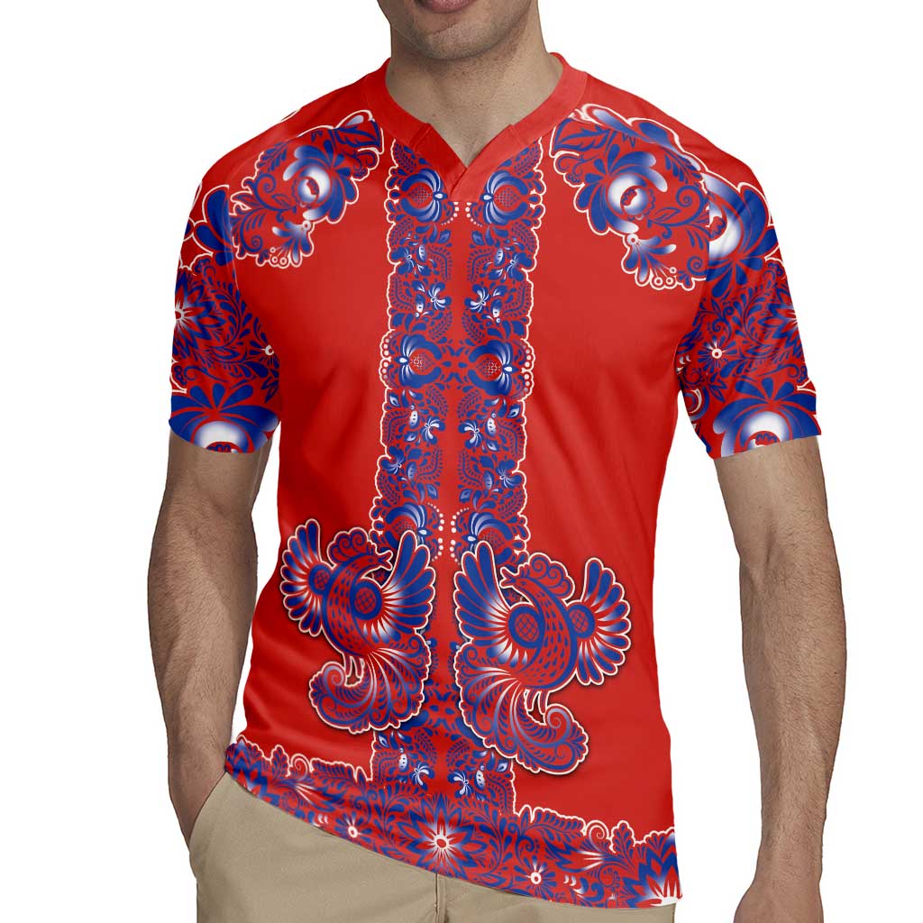 Red Russian National Costume Rugby Jersey Rooster Motifs Traditional Folk Pattern - Wonder Print Shop
