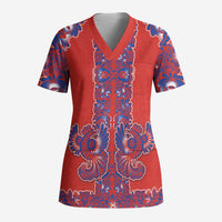 Red Russian National Costume Scrub Top Rooster Motifs Traditional Folk Pattern - Wonder Print Shop