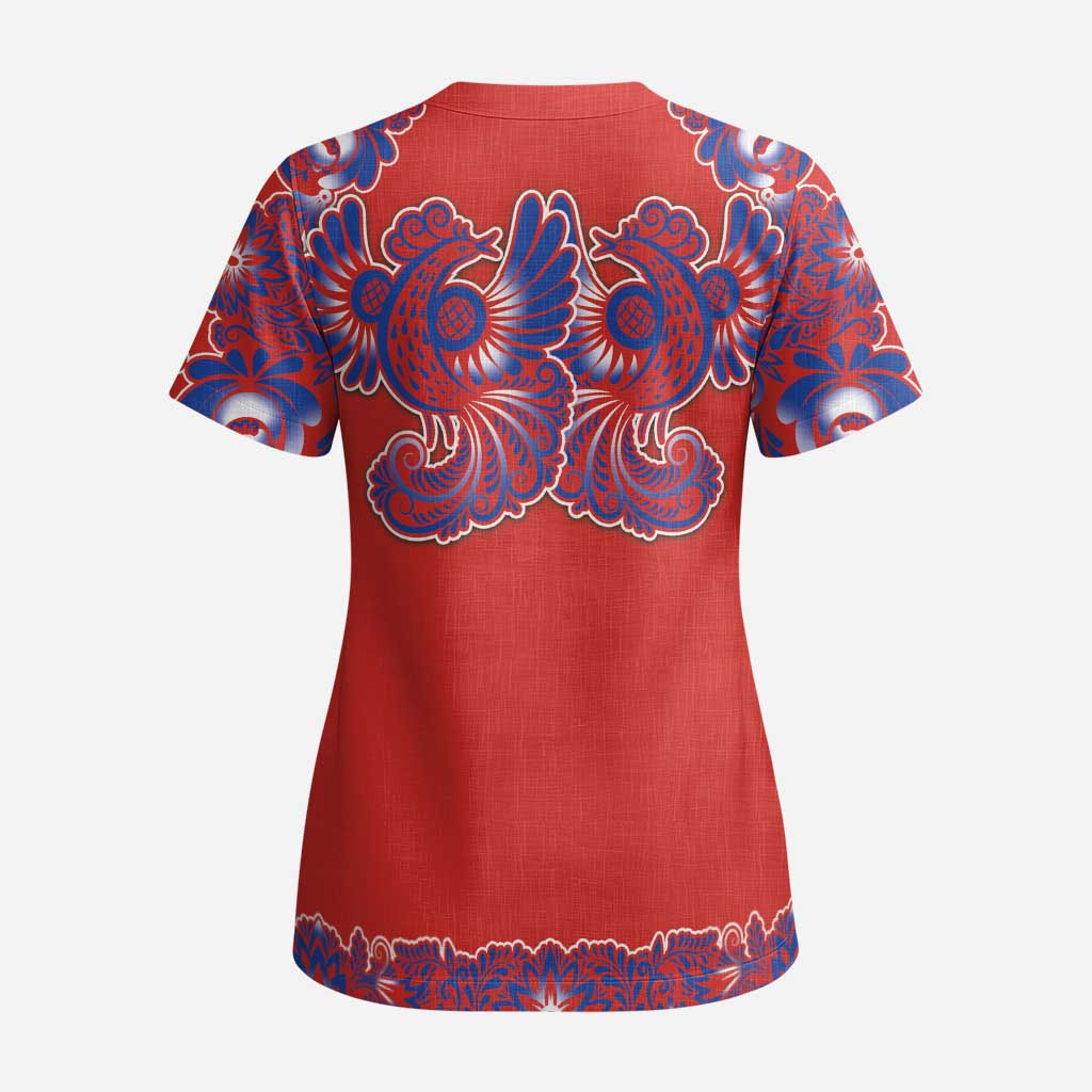 Red Russian National Costume Scrub Top Rooster Motifs Traditional Folk Pattern - Wonder Print Shop