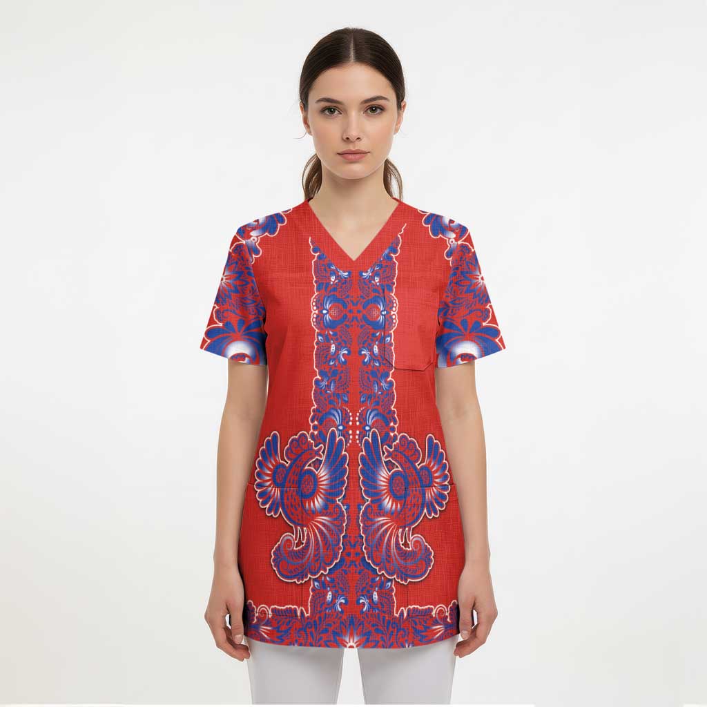 Red Russian National Costume Scrub Top Rooster Motifs Traditional Folk Pattern - Wonder Print Shop