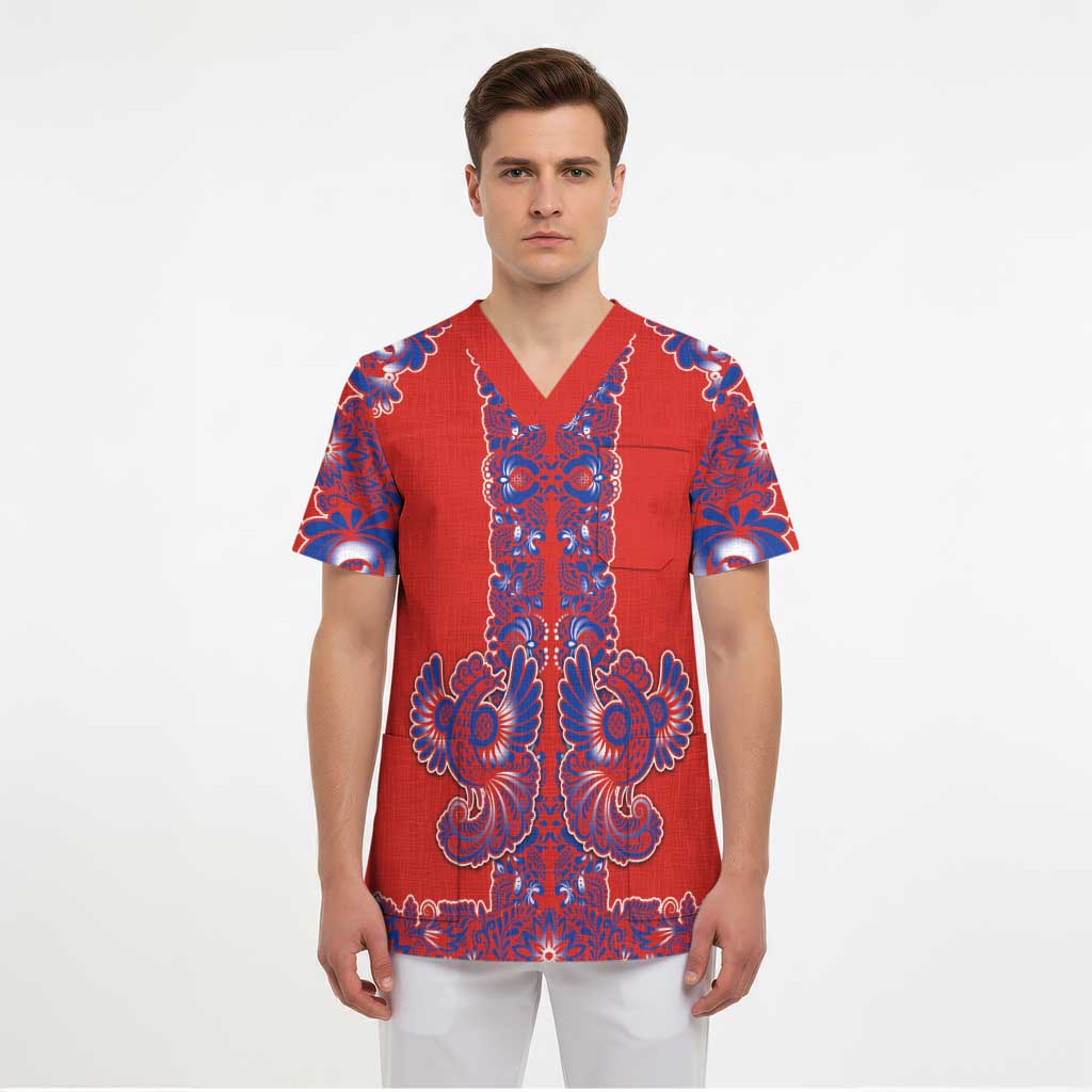 Red Russian National Costume Scrub Top Rooster Motifs Traditional Folk Pattern - Wonder Print Shop
