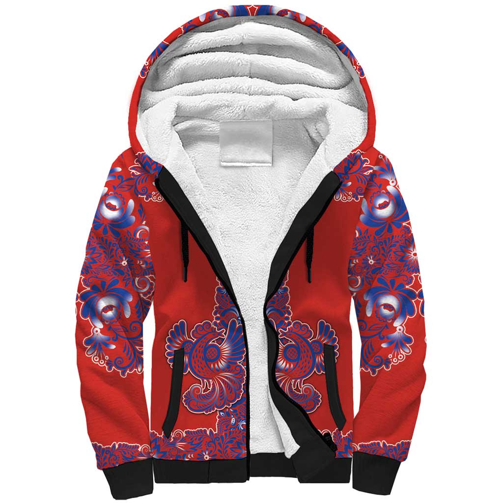 Red Russian National Costume Sherpa Hoodie Rooster Motifs Traditional Folk Pattern - Wonder Print Shop