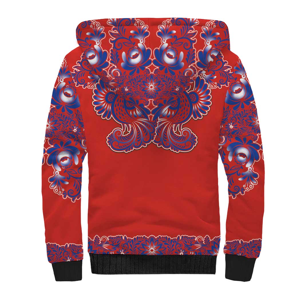 Red Russian National Costume Sherpa Hoodie Rooster Motifs Traditional Folk Pattern - Wonder Print Shop