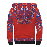 Red Russian National Costume Sherpa Hoodie Rooster Motifs Traditional Folk Pattern - Wonder Print Shop
