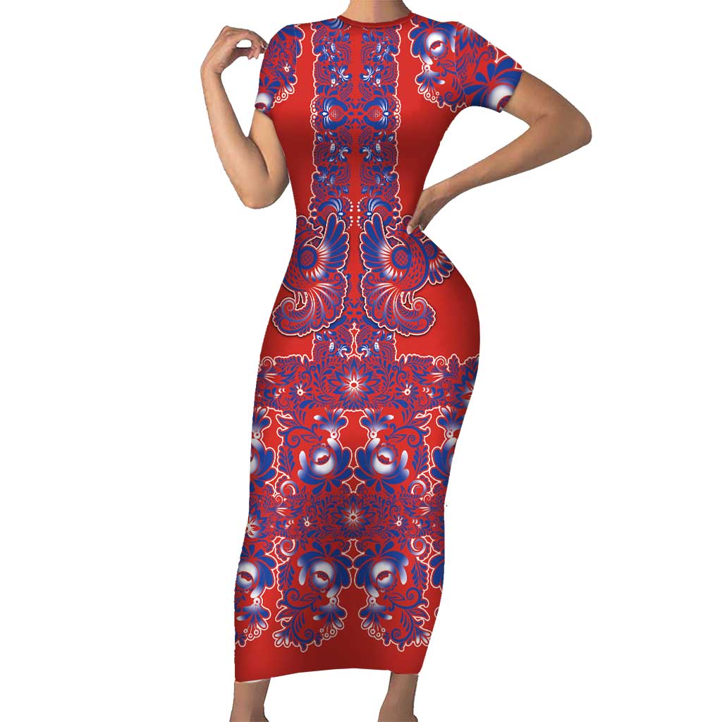Red Russian National Costume Short Sleeve Bodycon Dress Rooster Motifs Traditional Folk Pattern - Wonder Print Shop