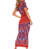 Red Russian National Costume Short Sleeve Bodycon Dress Rooster Motifs Traditional Folk Pattern - Wonder Print Shop