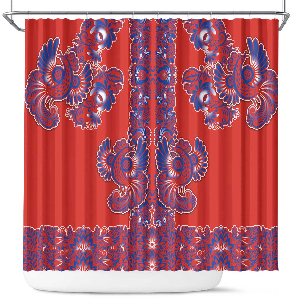 Red Russian National Costume Shower Curtain Rooster Motifs Traditional Folk Pattern - Wonder Print Shop