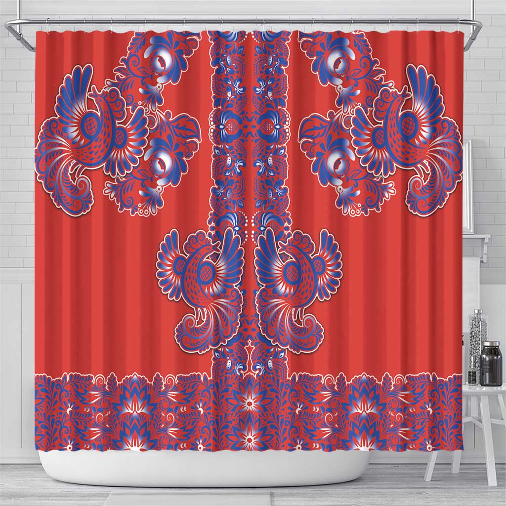 Red Russian National Costume Shower Curtain Rooster Motifs Traditional Folk Pattern - Wonder Print Shop