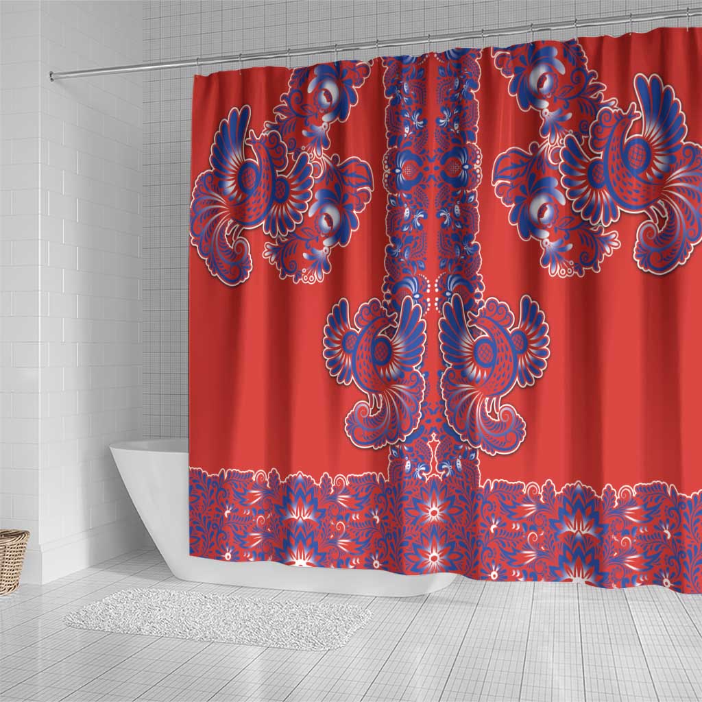 Red Russian National Costume Shower Curtain Rooster Motifs Traditional Folk Pattern - Wonder Print Shop