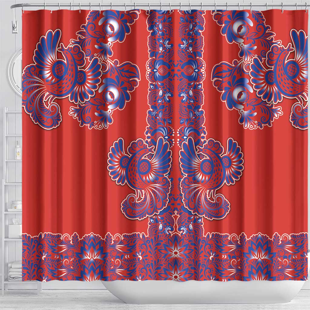 Red Russian National Costume Shower Curtain Rooster Motifs Traditional Folk Pattern - Wonder Print Shop